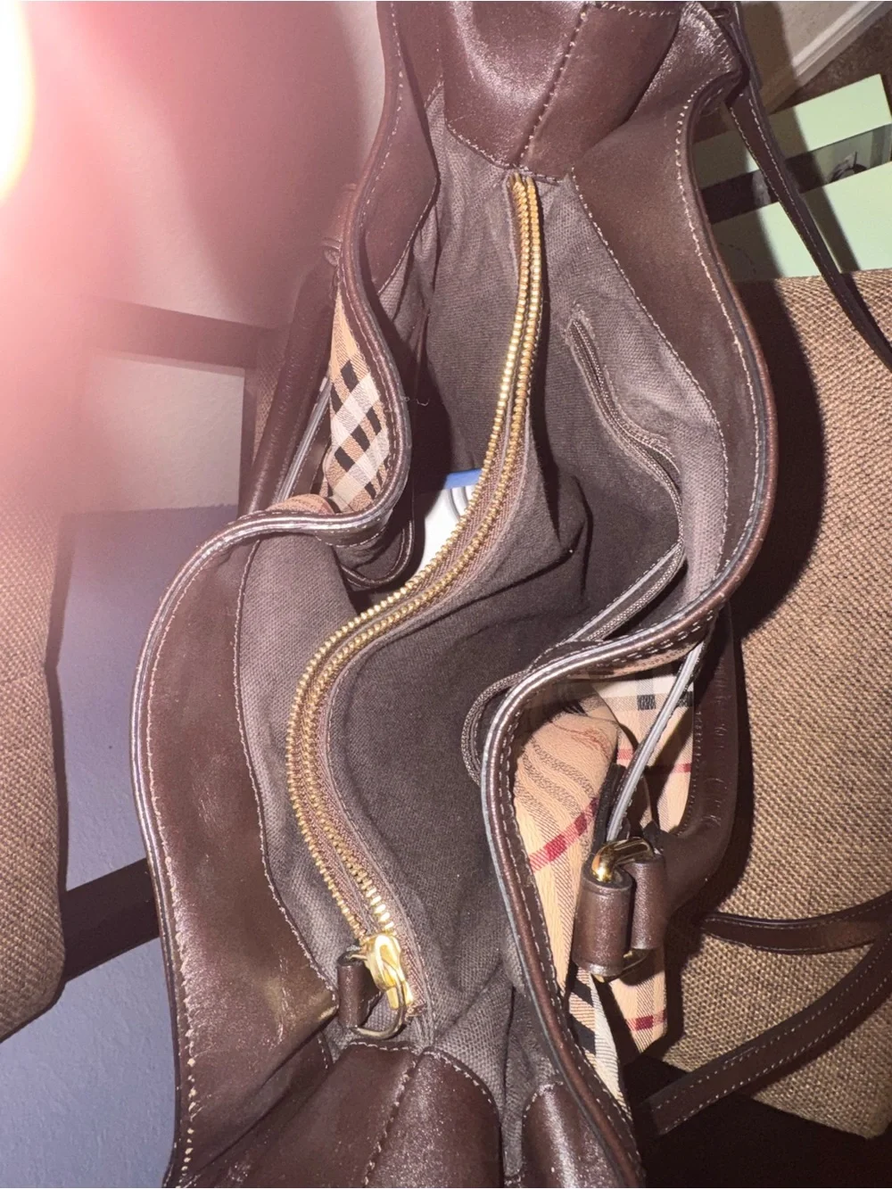 Burberry Beige Plaid Tote with Dark Brown Trim